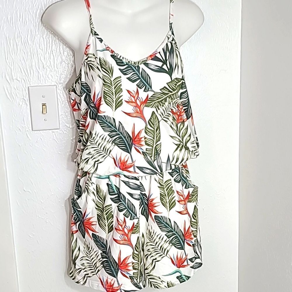 Tropical One-piece Romper, White with Green & Orange Leaves, Size Small, NWOT